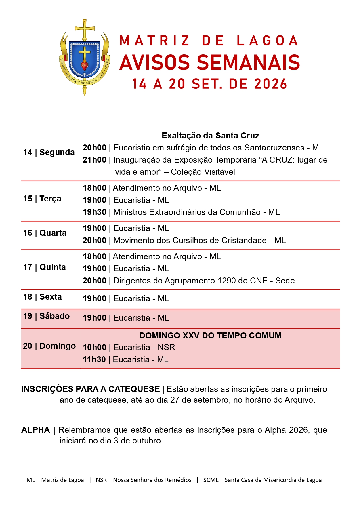 Avisos Semanais | 14 de Setembro a 20 de Setembro