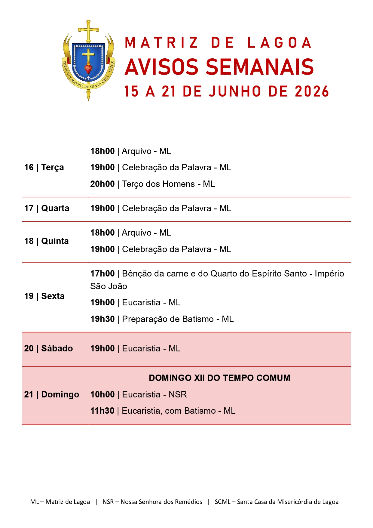 Avisos Semanais | 15 de Junho a 21 de Junho