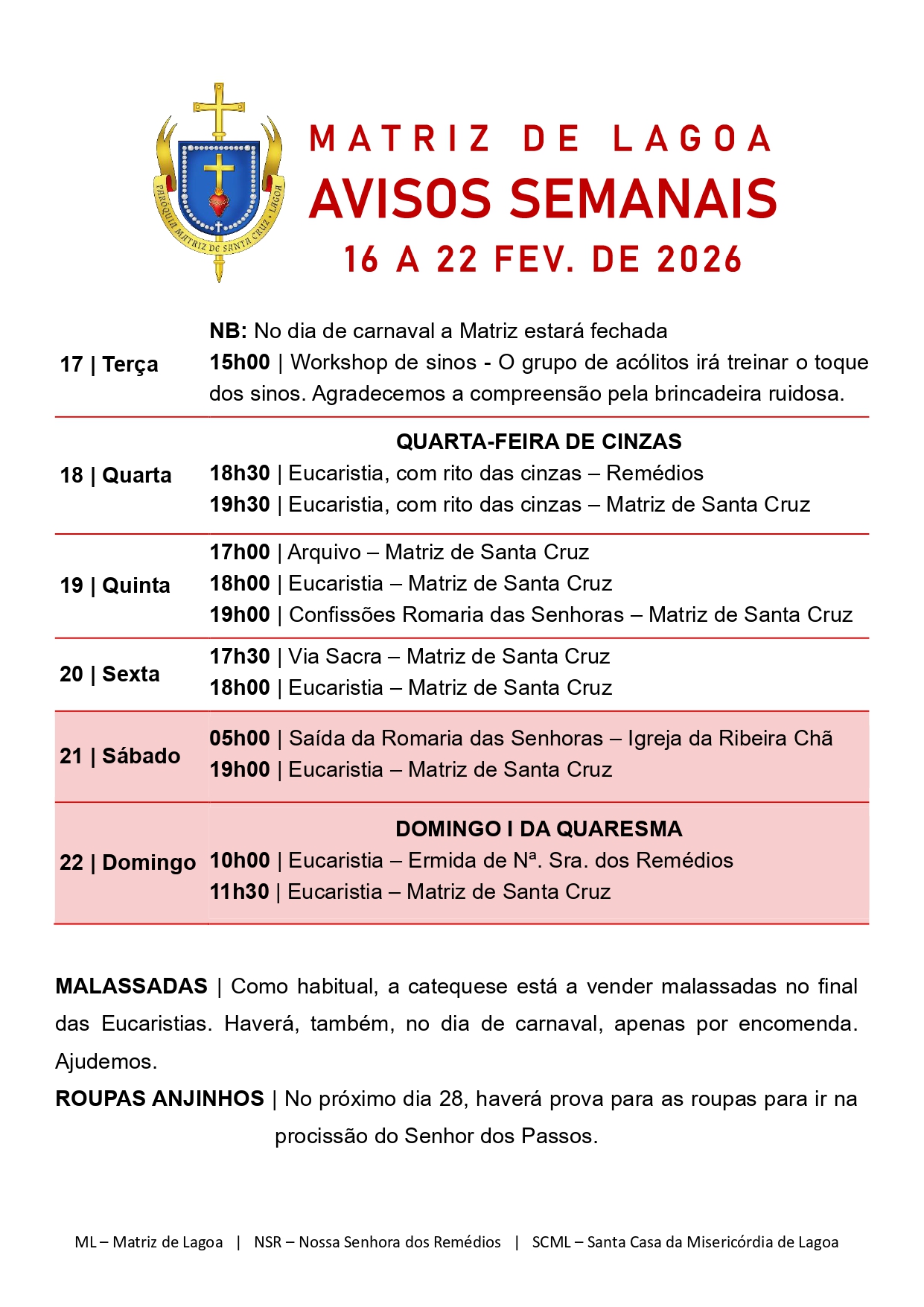 Avisos Semanais | 16 de Fevereiro a 22 de Fevereiro