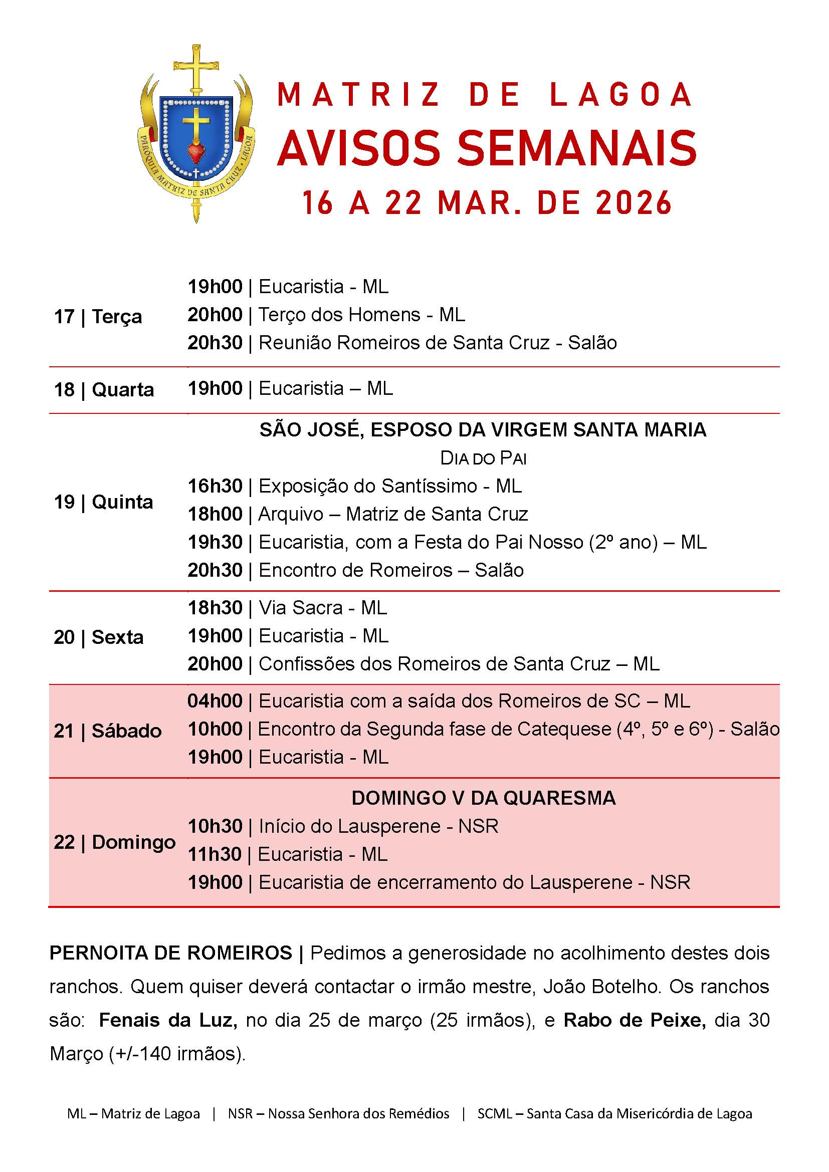 Avisos Semanais | 16 de Março a 22 de Março