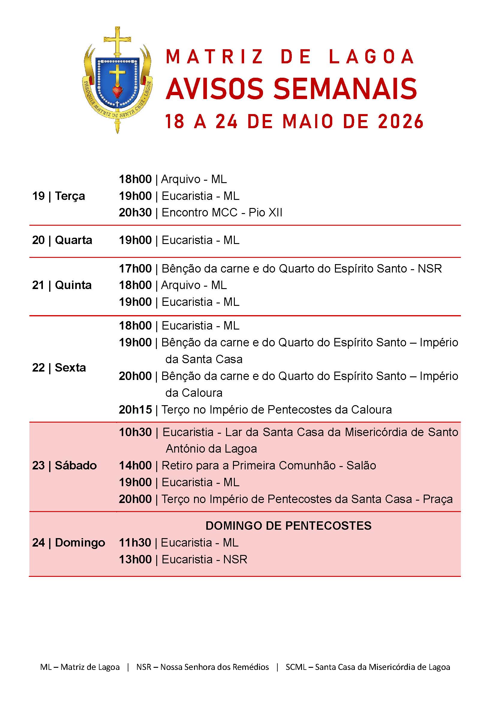 Avisos Semanais | 18 de Maio a 24 de Maio