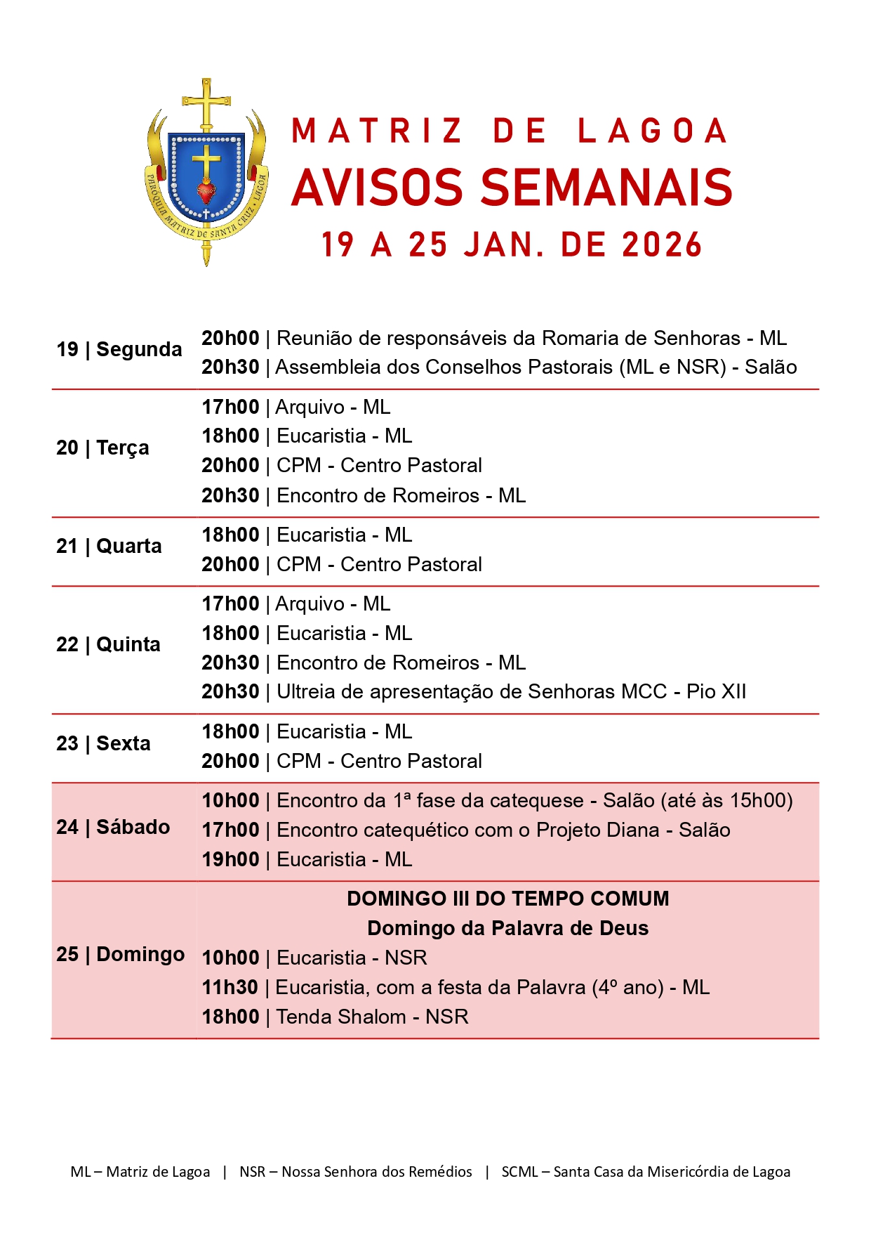 Avisos Semanais | 19 de Janeiro a 25 de Janeiro
