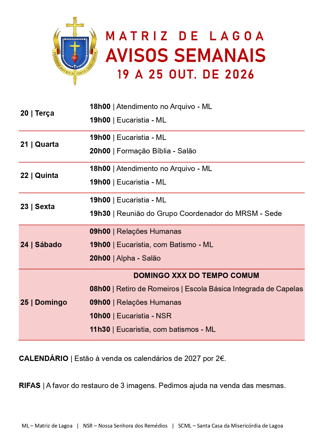 Avisos Semanais | 19 de Outubro a 25 de Outubro