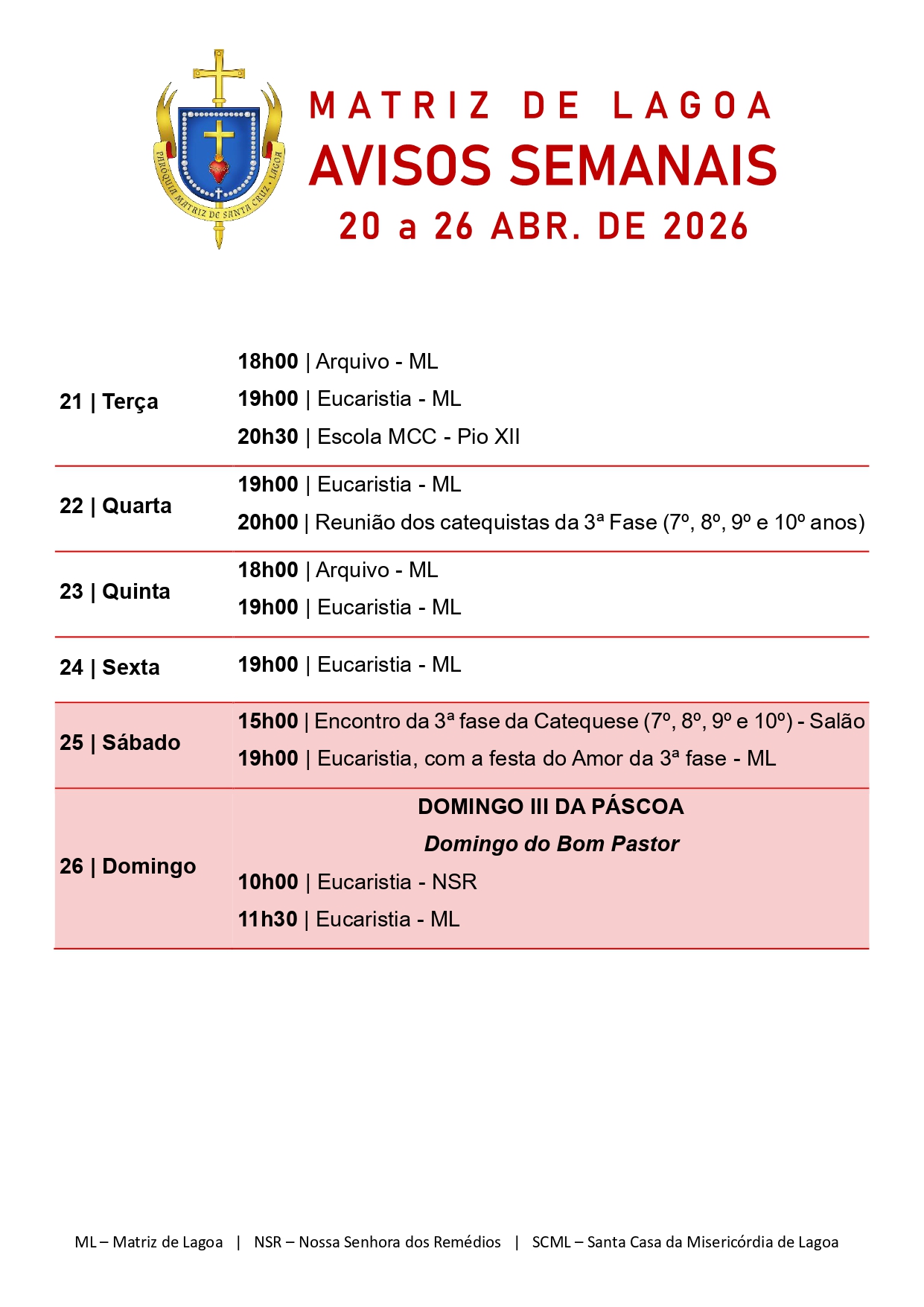 Avisos Semanais | 20 de Abril a 26 de Abril
