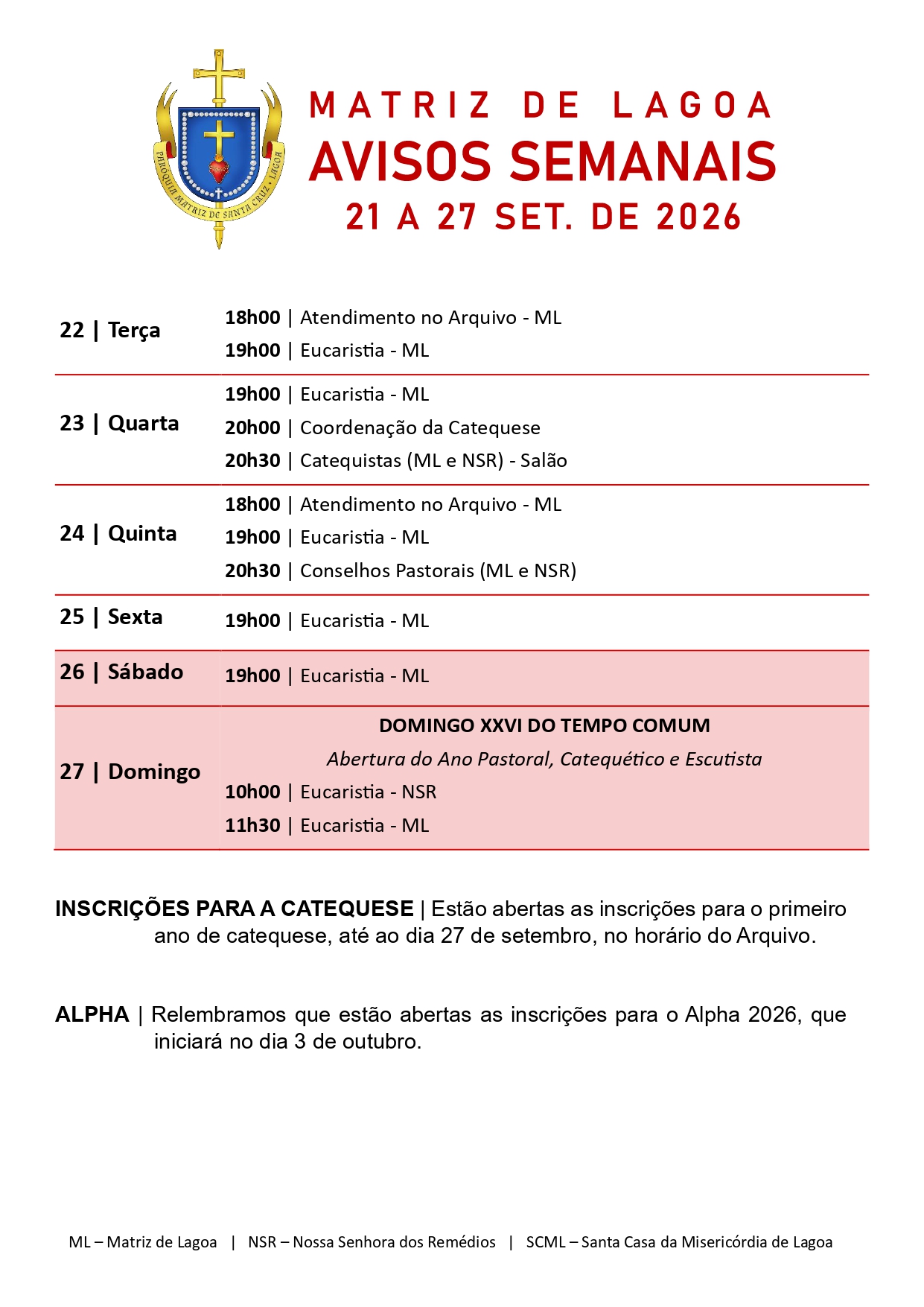 Avisos Semanais | 21 de Setembro a 27 de Setembro