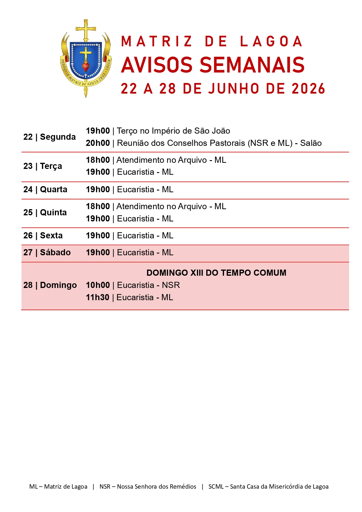 Avisos Semanais | 22 de Junho a 28 de Junho