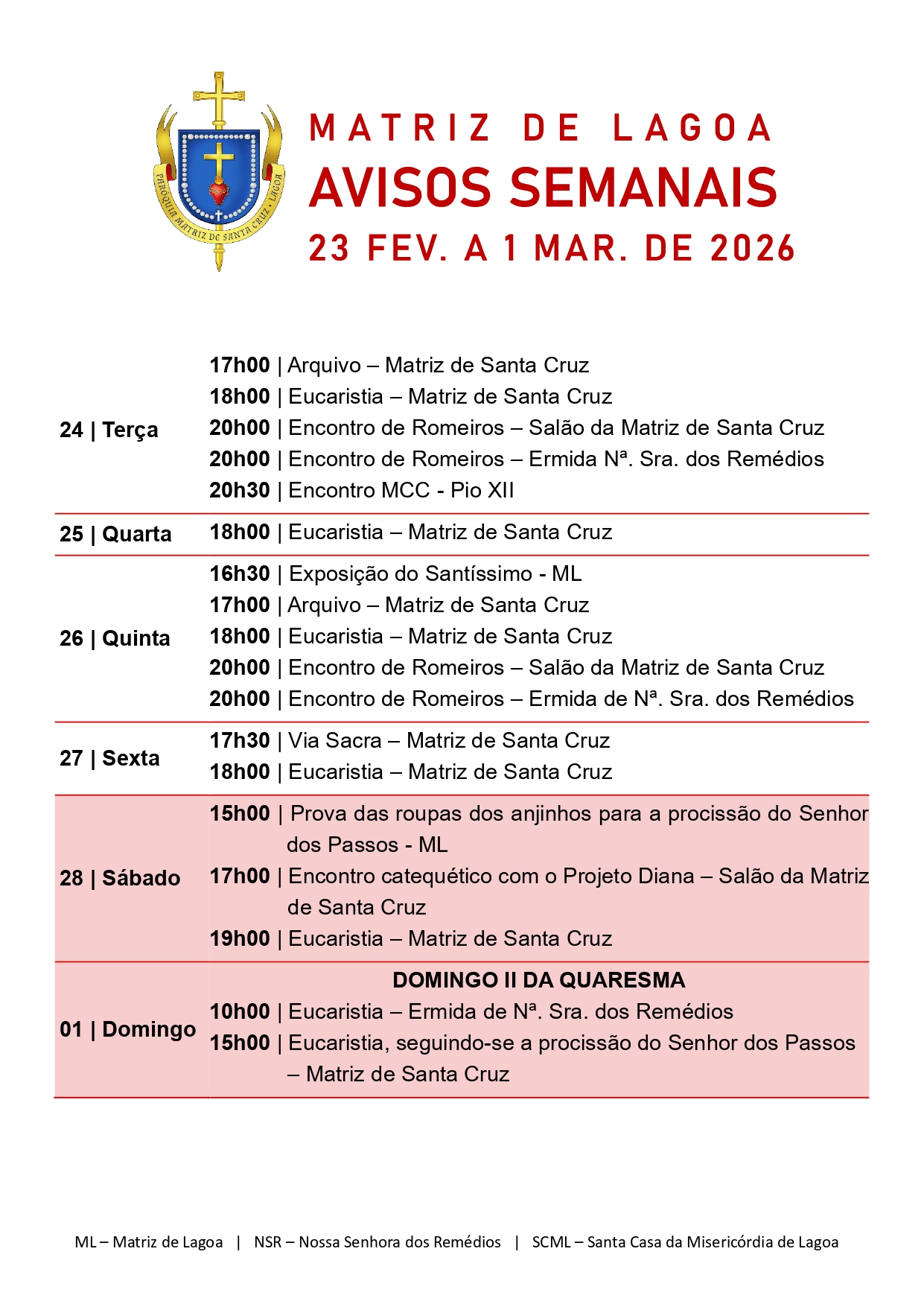 Avisos Semanais | 23 de Fevereiro a 01 de Março