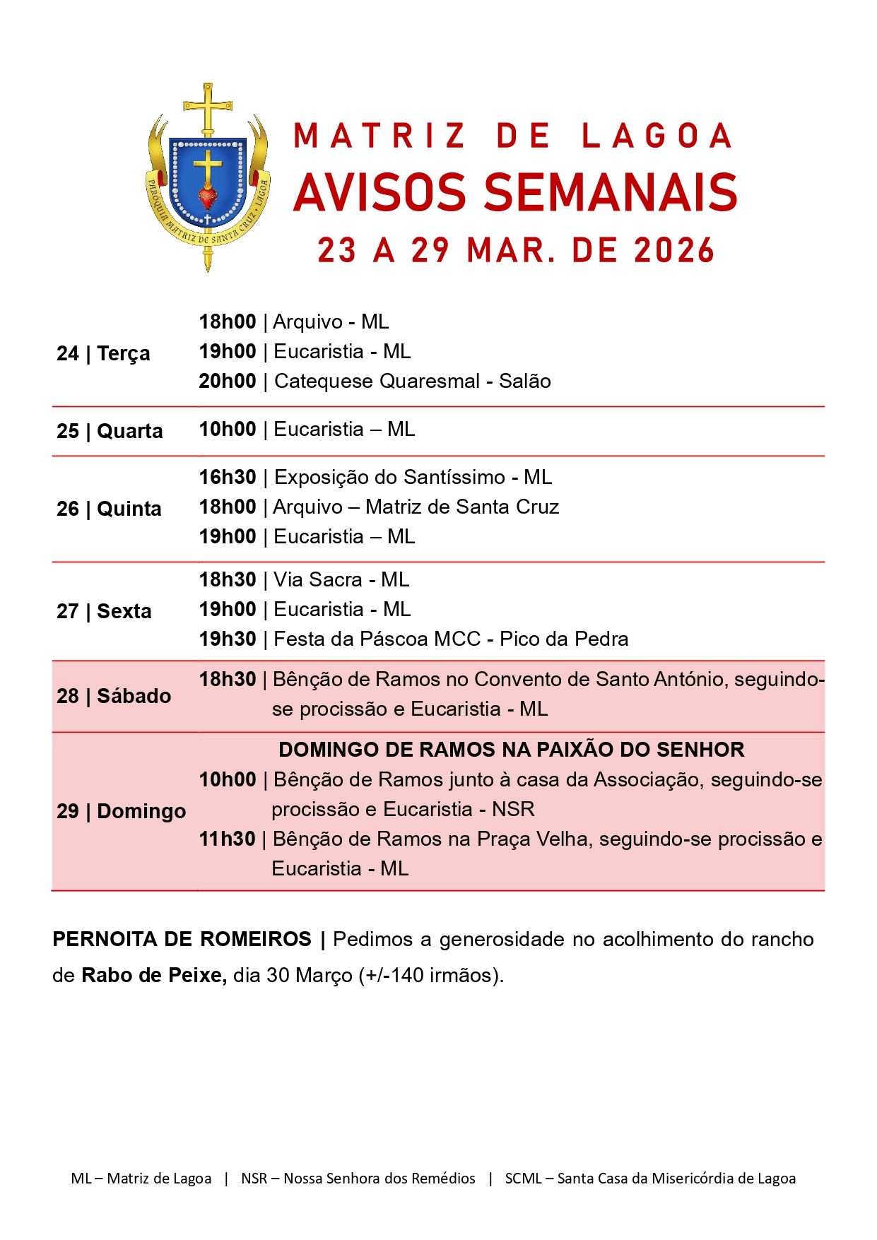 Avisos Semanais | 23 de Março a 29 de Março