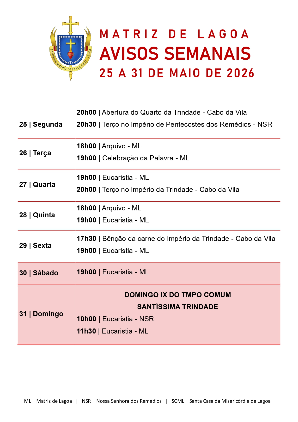 Avisos Semanais | 25 de Maio a 31 de Maio