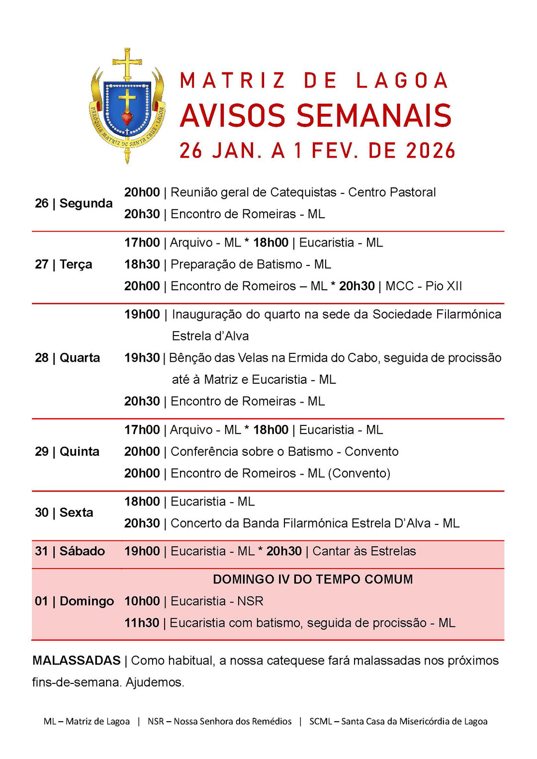 Avisos Semanais | 26 de Janeiro a 01 de Fevereiro