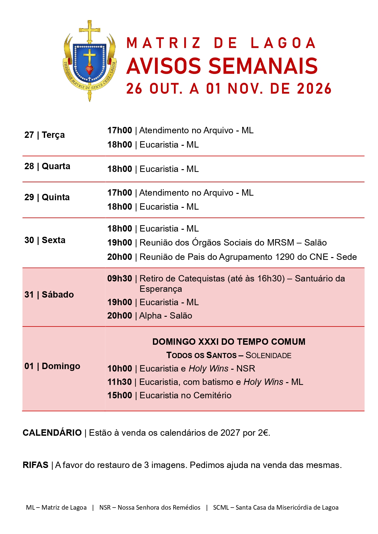 Avisos Semanais | 26 de Outubro a 01 de Novembro