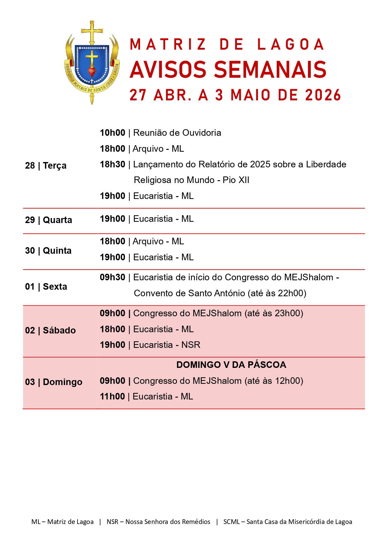 Avisos Semanais | 27 de Abril a 03 de Maio