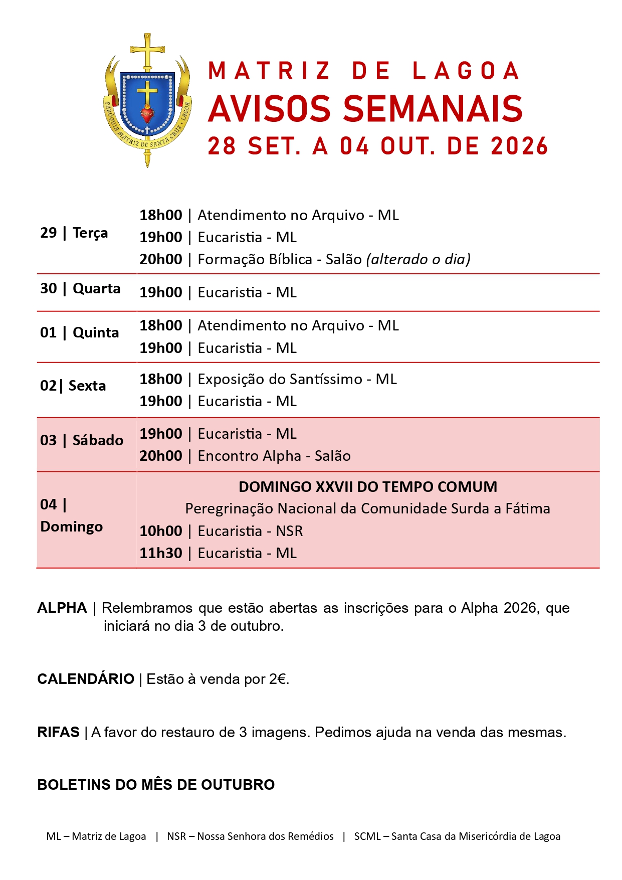 Avisos Semanais | 21 de Setembro a 05 de Outubro