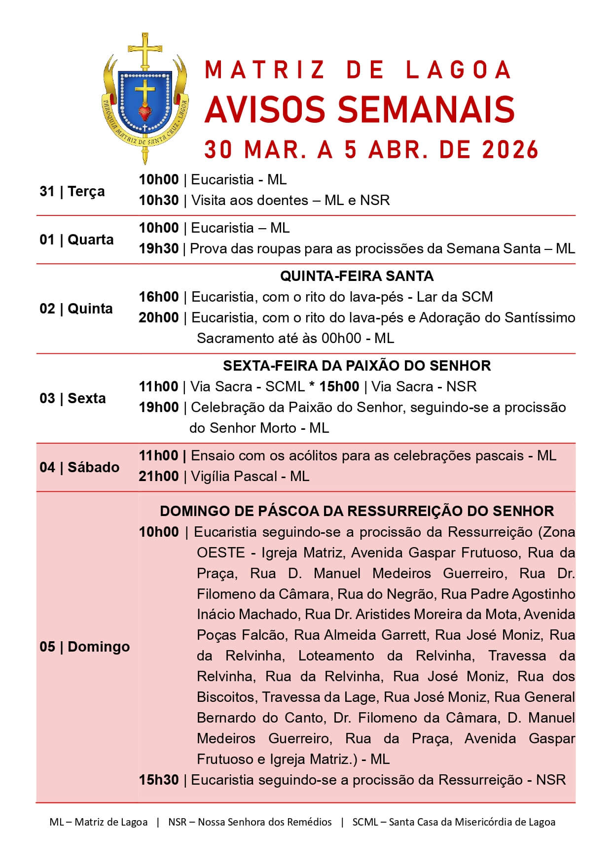 Avisos Semanais | 30 de Março a 05 de Abril