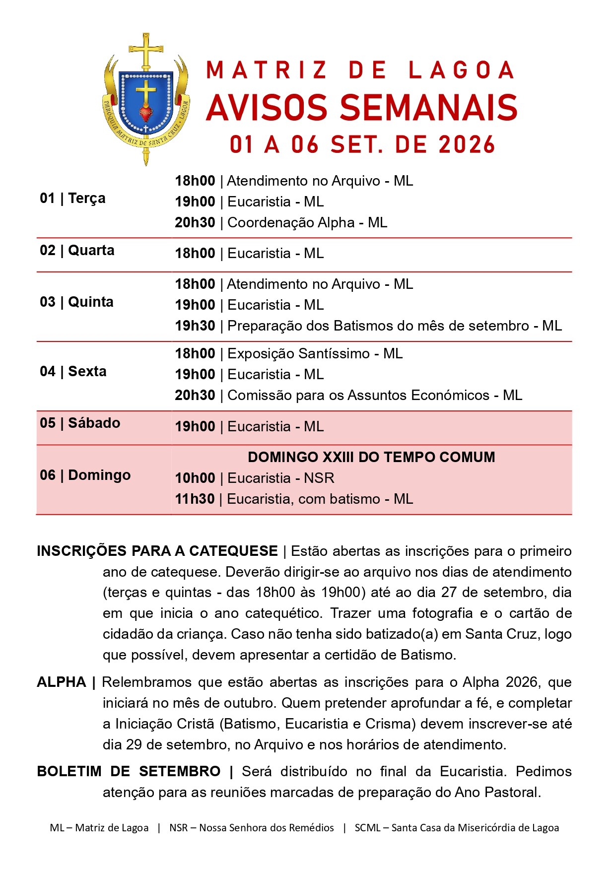 Avisos Semanais | 31 de Agosto a 06 de Setembro